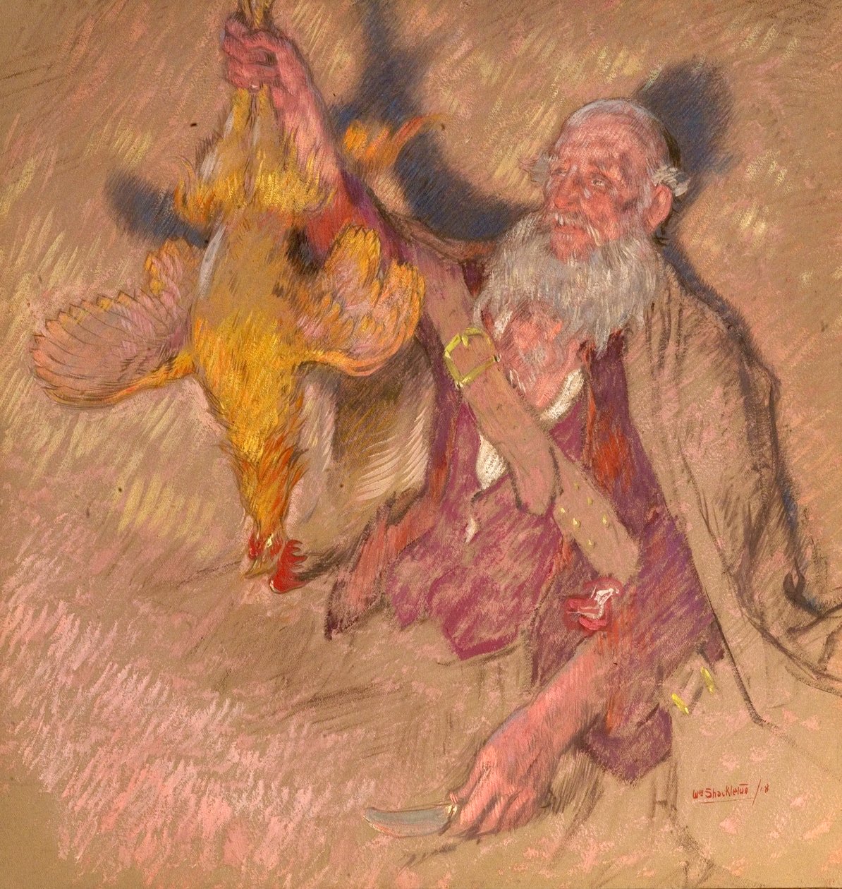 Studie av en mann som holder en hane for Highland Raiders, 1918 (olje på papir) av William Shackleton