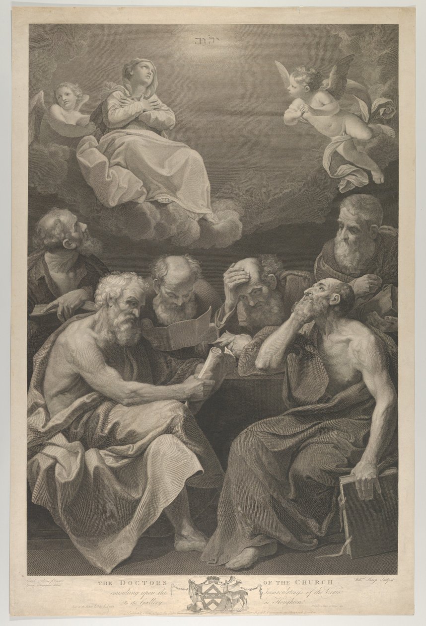 Kirkens leger konsulterer bøker og dokumenter og tenker på Jomfruen som ..., 1785 av William Sharp
