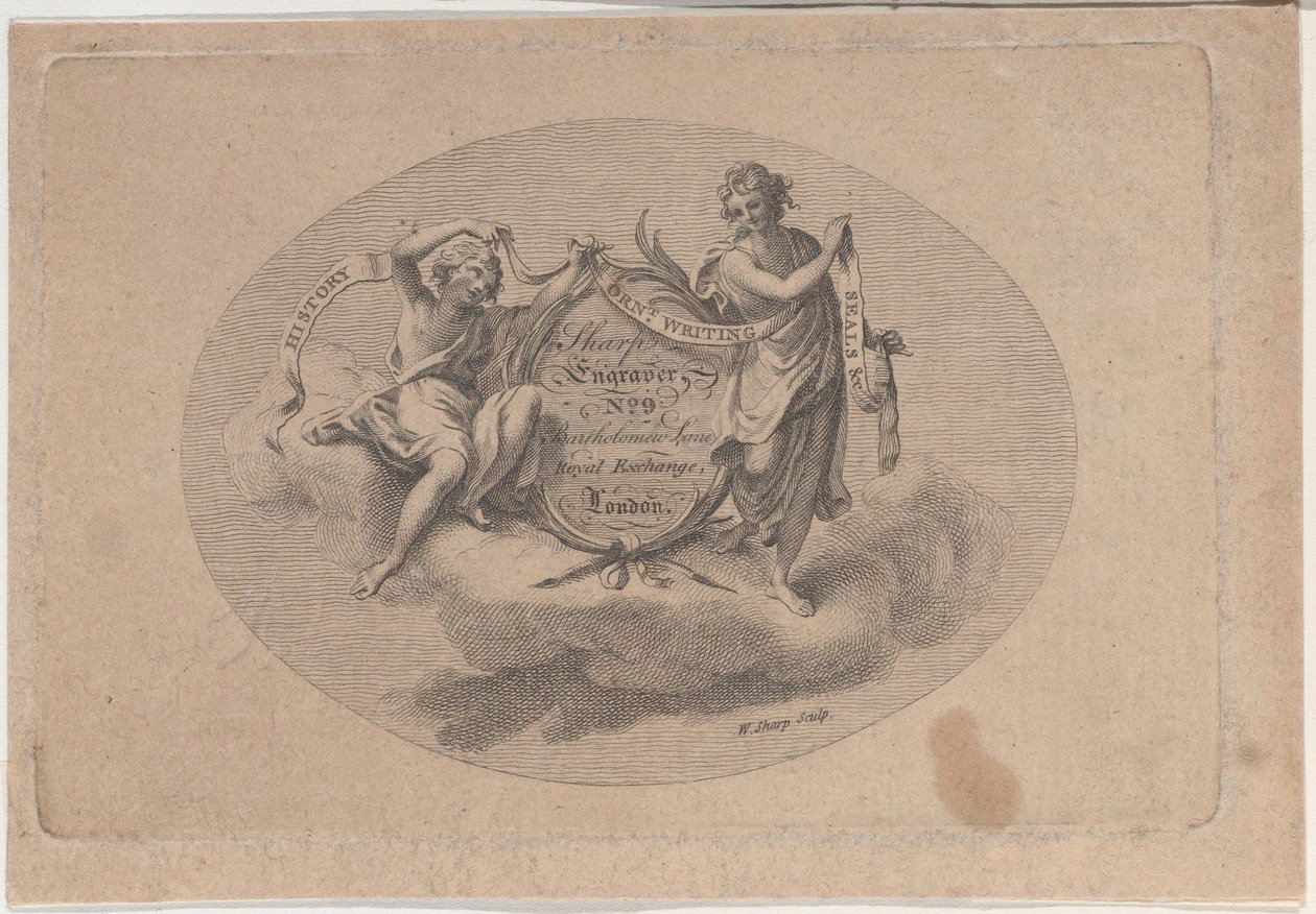 Byttekort for William Sharp, gravør, 1800-tallet. av William Sharp