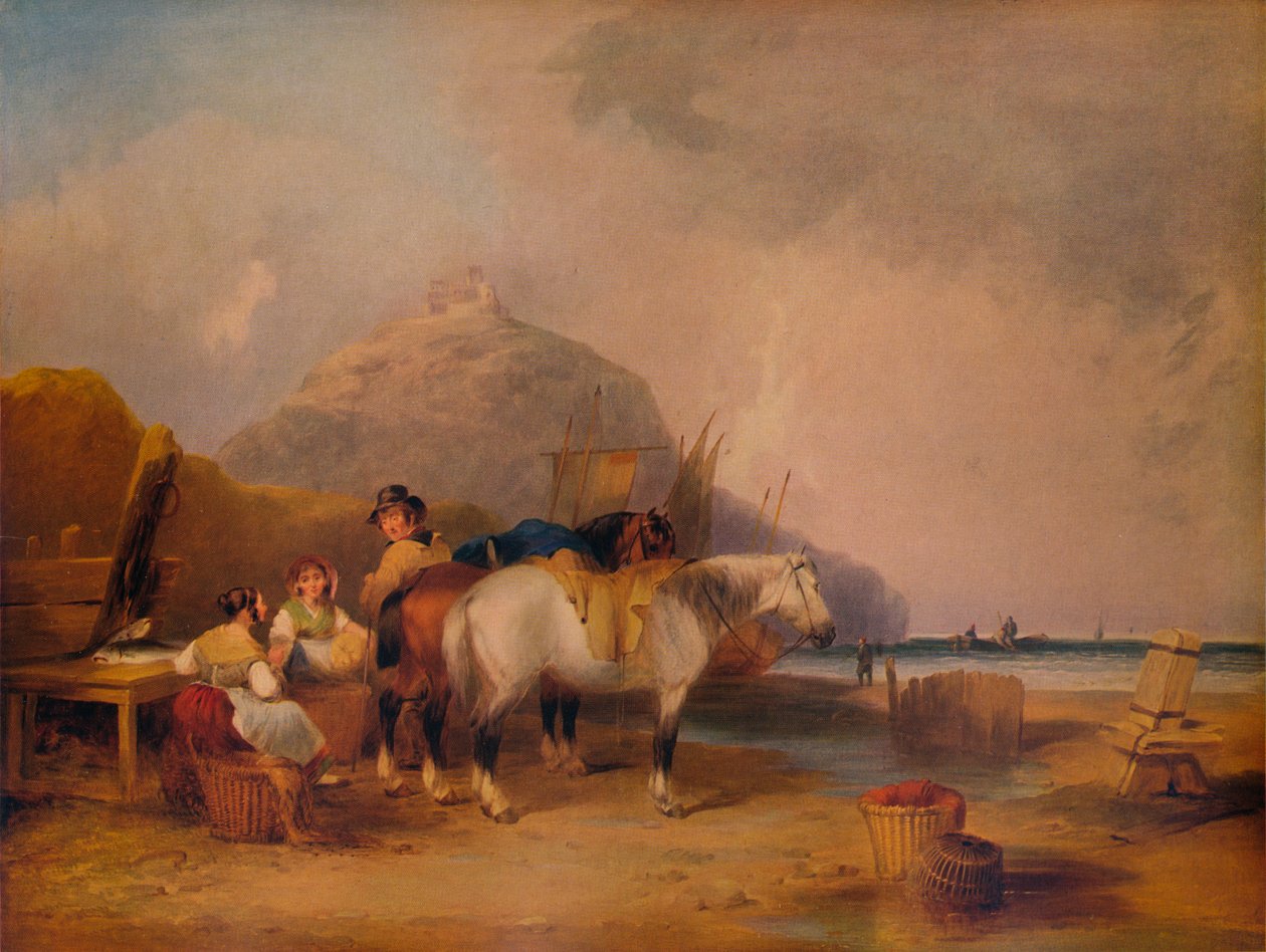 Kystscene, med figurer og hester, c1841 av William Shayer