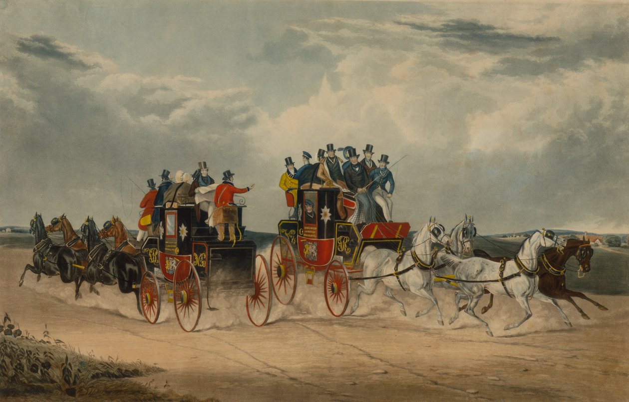 Brighton Day Mail passerer over Hockwood Common (farget gravering) av William Shayer