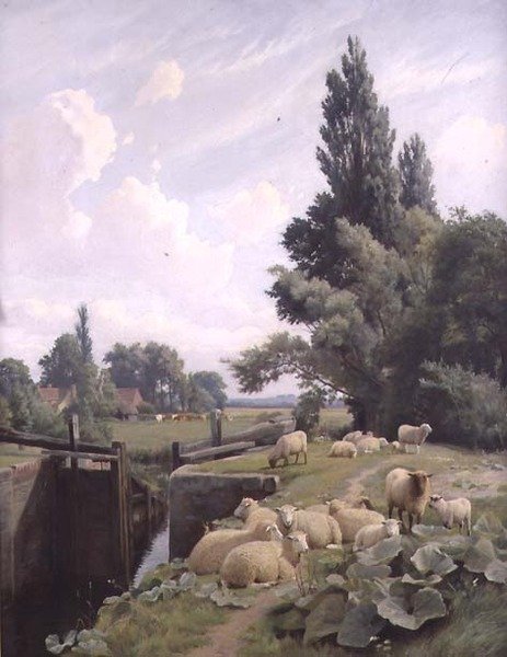 Landskap med en kanalsluse og en saueflokk av William Sidney Cooper