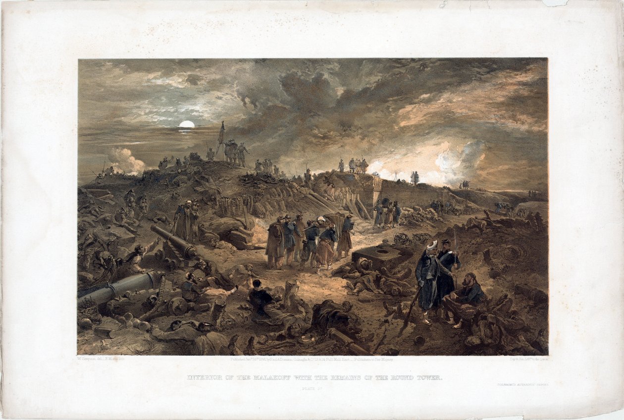 Krimkrigen (1853-1856): episode av beleiringen av Sebastopol (Ukraina), franske tropper blant ruinene etter å ha tatt Malakoff-tårnet, 8. september 1855 (Etter inntakelsen av Malakoff 8. september 1855) - Litografi av William Simpson (18 av William Simpson