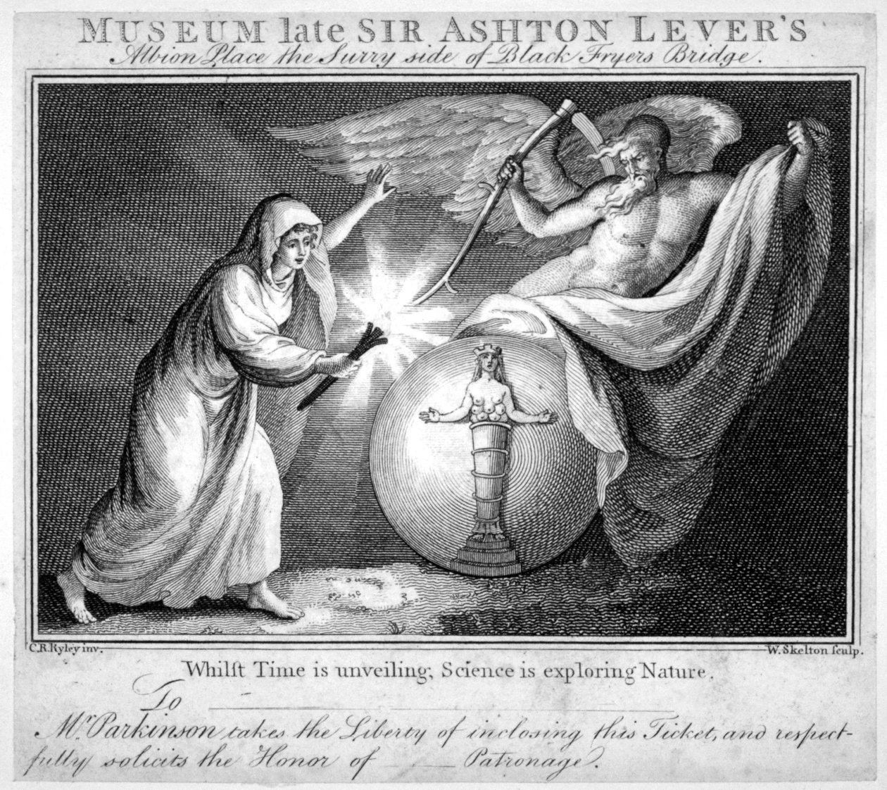 Billett til Leverian Museum, Albion Place, Southwark, London, c1805 av William Skelton