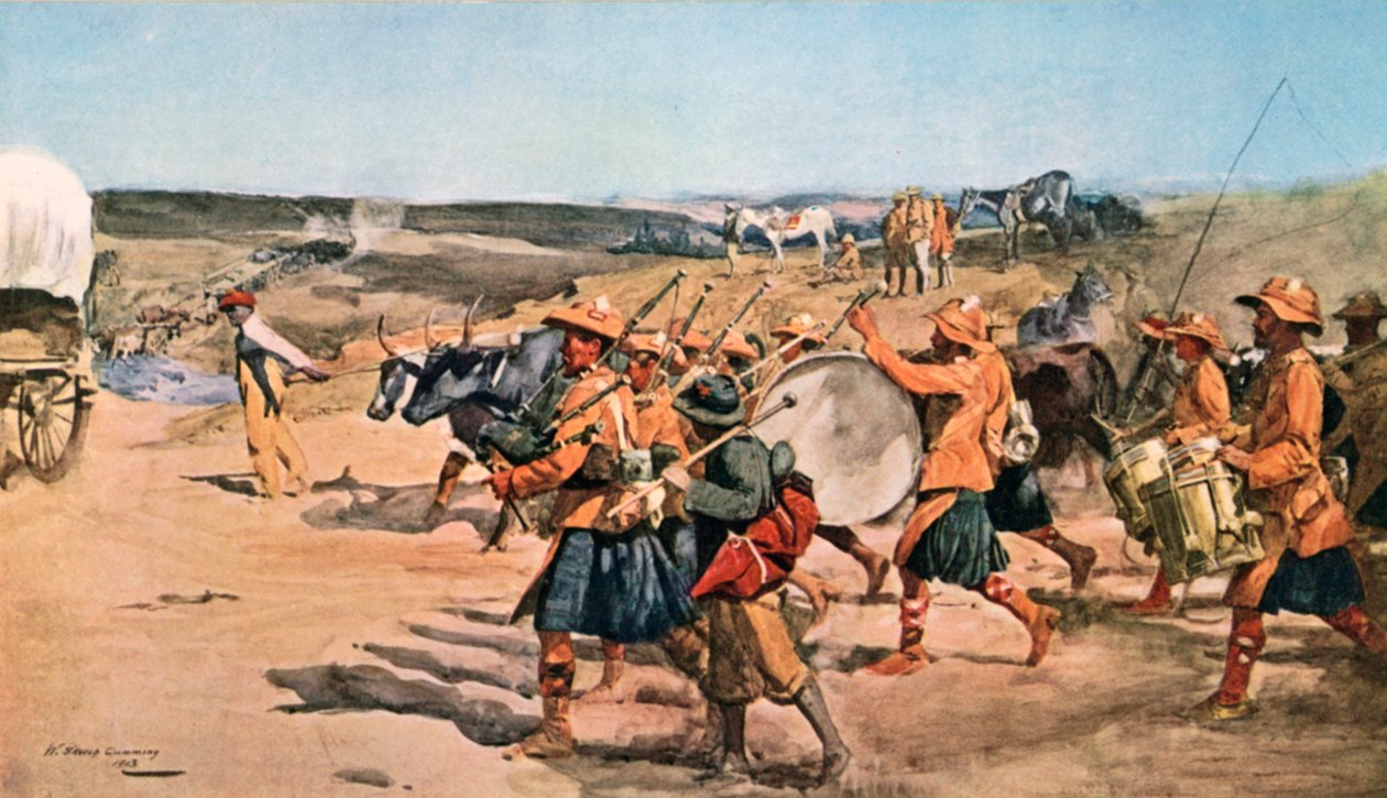 Over Veldt. Trommer og piper fra det 91. (Argyllshire) høylanderne (fargelitografi) av William Skeoch Cumming