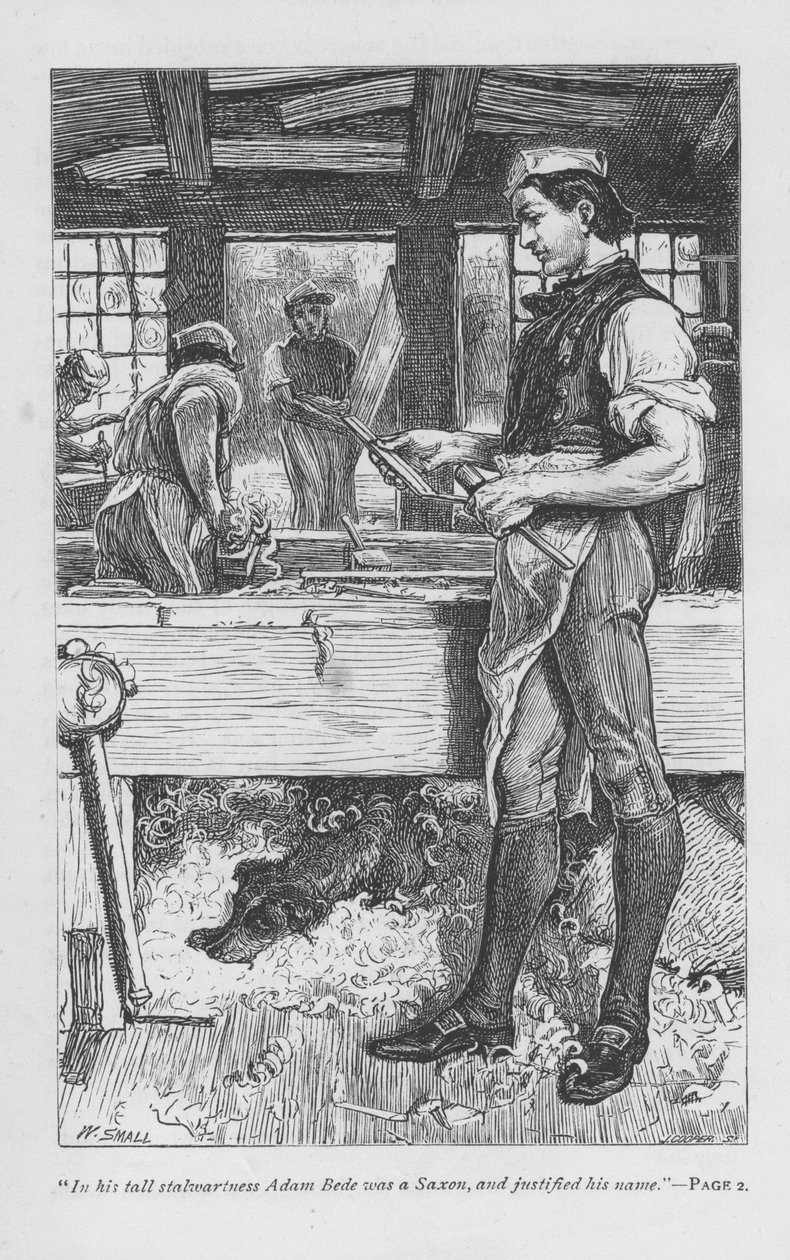 Adam Bede, landsbysnekkeren, på verkstedet, hunden hans Gyp på en haug med spon under benken. Adam Bede av George Eliot, første gang utgitt 1859. Illustrasjon av William Small (1843-1929) fra en utgave utgitt c1885. av William Small