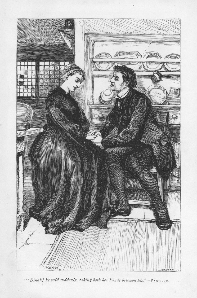Etter prøvelsene og prøvelsene i historien erklærer Adam Bede sin kjærlighet til Dinah Morris, metodistpredikanten. Adam Bede av George Eliot, første gang utgitt 1859. Illustrasjon av William Small (1843-1929) fra en utgave utgitt c1885. av William Small