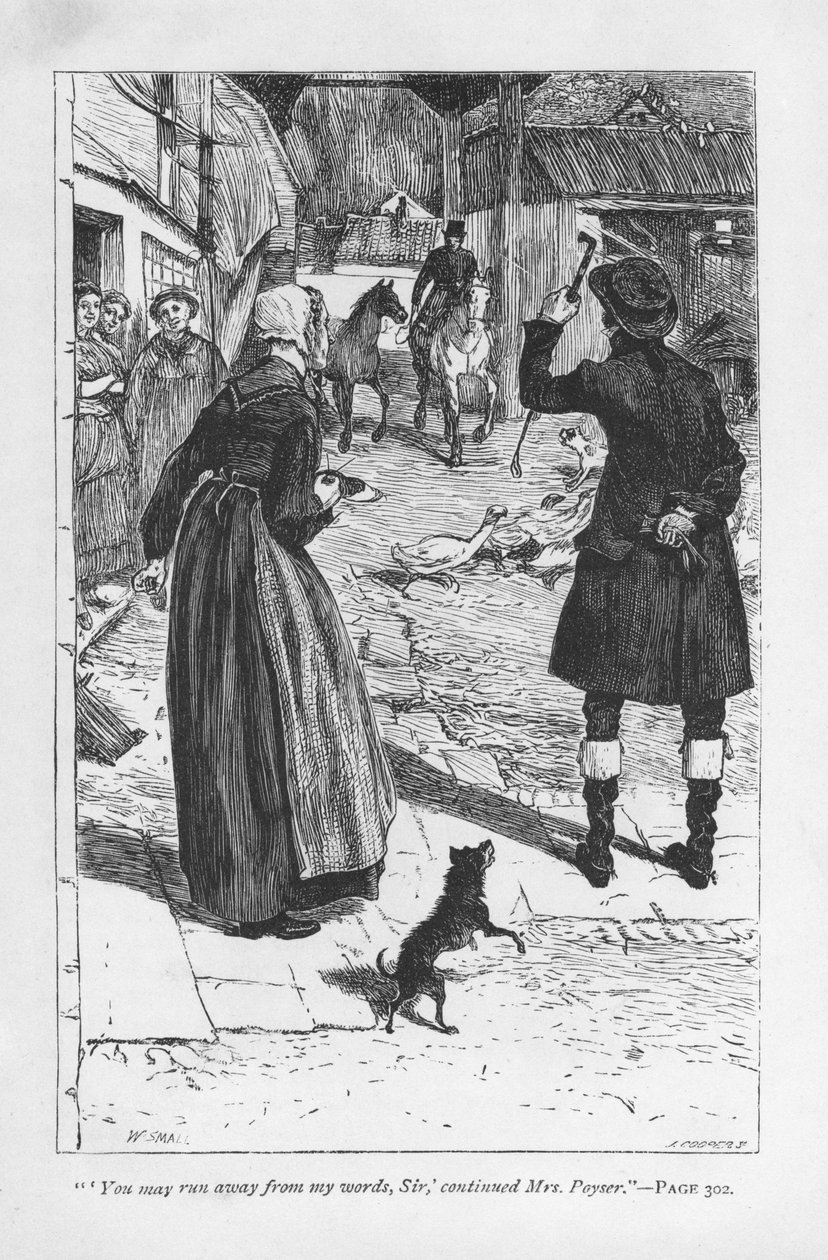 Fru Poyser, kone til Hetty Sorrels bondeonkel, Martin Poyser, sammen med squire Donnithorne, hvis sønn Arthur forførte Hetty. Mrs Poyser er muligens George Eliots mest suksessrike tegneseriefigur. Adam Bede av George Eliot, første gang utgitt 1859. Illustr av William Small