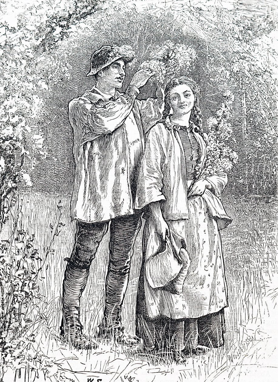 Kroningen av maidronningen med en krans av hagtorn av sin kjære. Av William Small (1843-1929), en engelsk illustratør av William Small