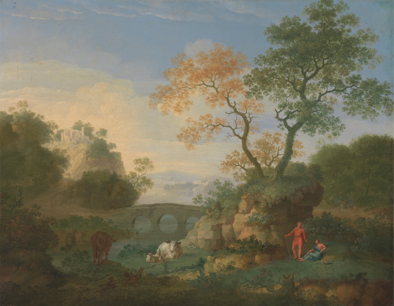 Et landskap med fjerne klassiske ruiner, en bro, figurer og storfe av William Smith