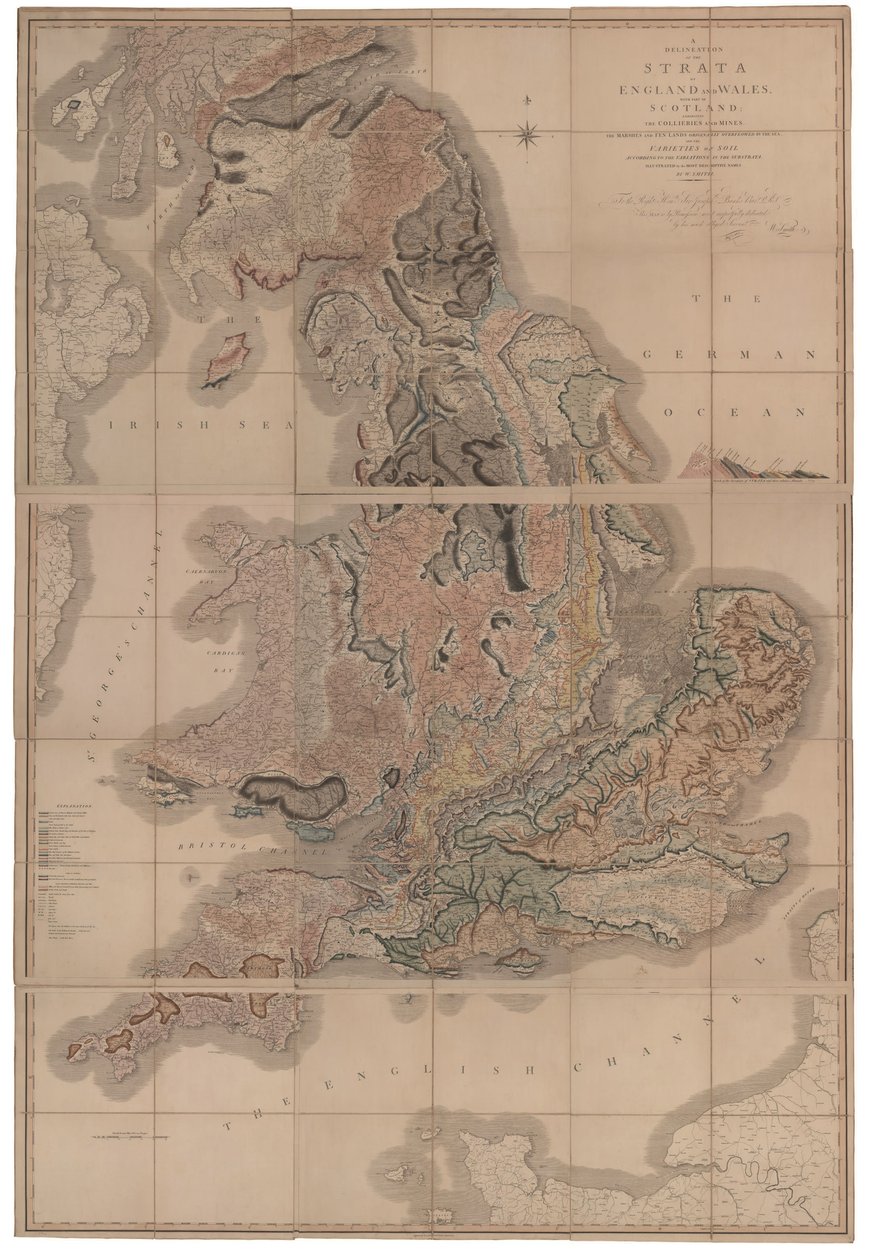Avgrensning av lag i England og Wales med en del av Skottland Det første geologiske kartet over av William Smith