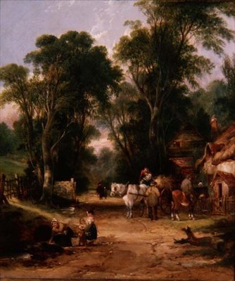 Landsbyscene med figurer av William Snr. (circle of) Shayer