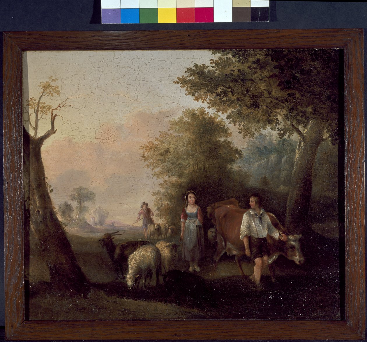 Landskap med storfe og sau (olje på trepanel) av William Snr. (follower of) Shayer