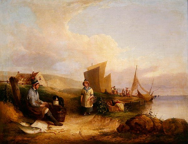 Kystscene med fiskere (olje på lerret) av William Snr. Shayer