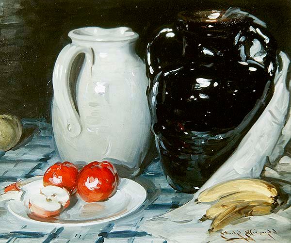 Stilleben med epler og bananer, og en stor kanne og vase (olje om bord) av William Somerville Shanks