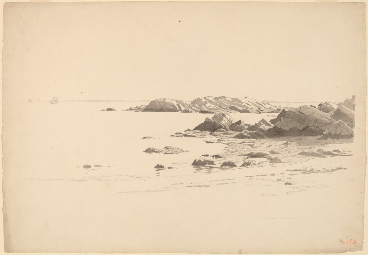 Rocklined strand med fjerne båter av William Stanley Haseltine