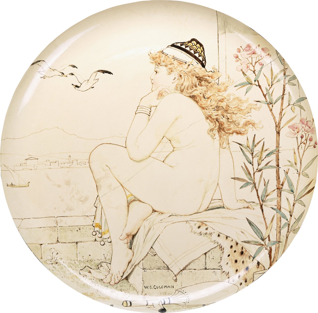 En Minton Art Pottery Studio-lader, malt med en naken som stirrer ut mot havet, 1800-tallet av William Stephen Coleman