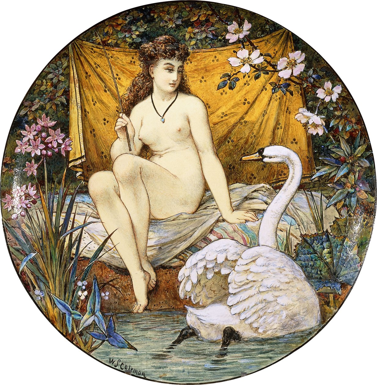 En stor tazza i lertøy fra Minton, som viser Leda og svanen, av William Stephen Coleman
