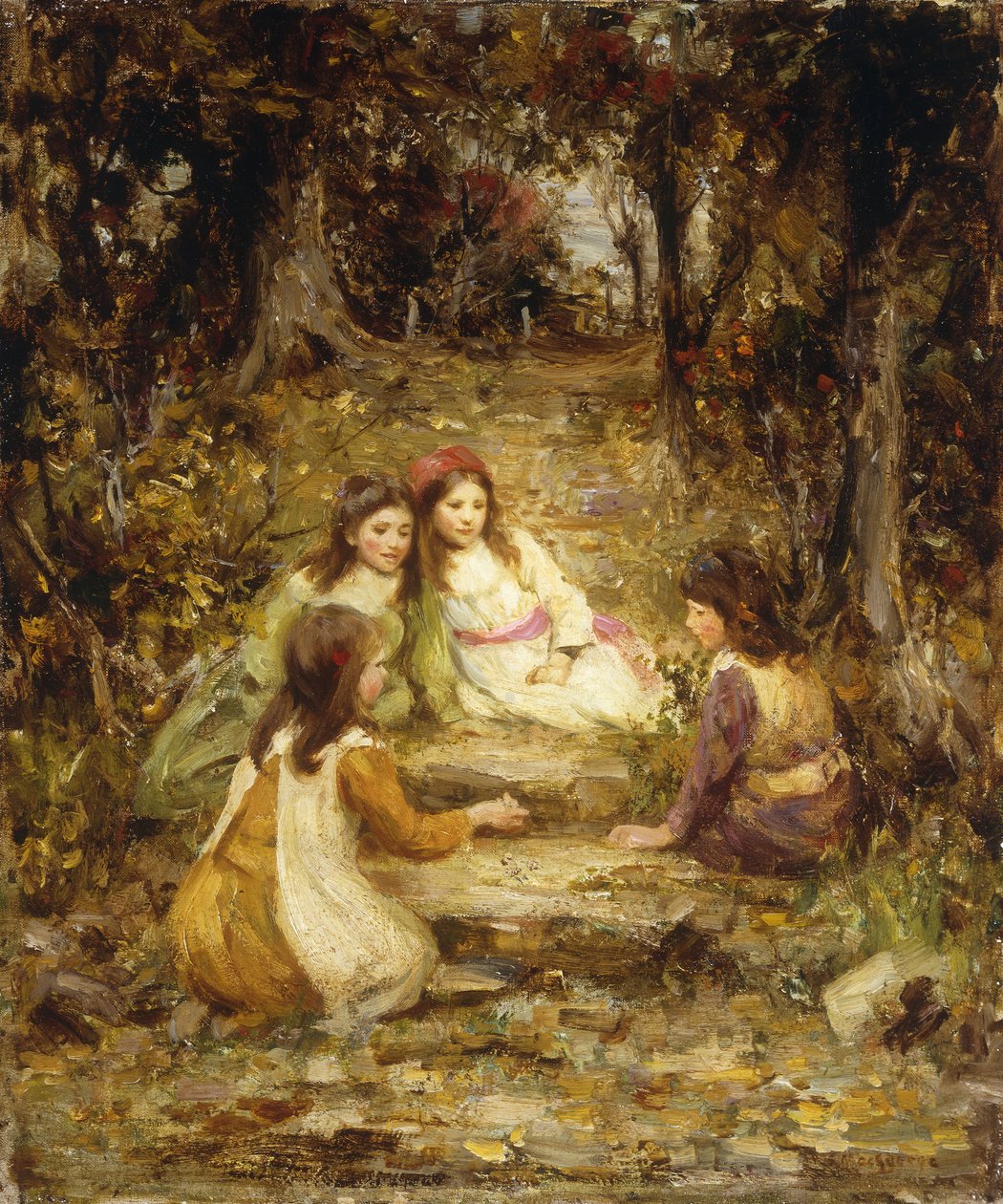 Barn i en frukthage (olje på lerret) av William Stewart MacGeorge