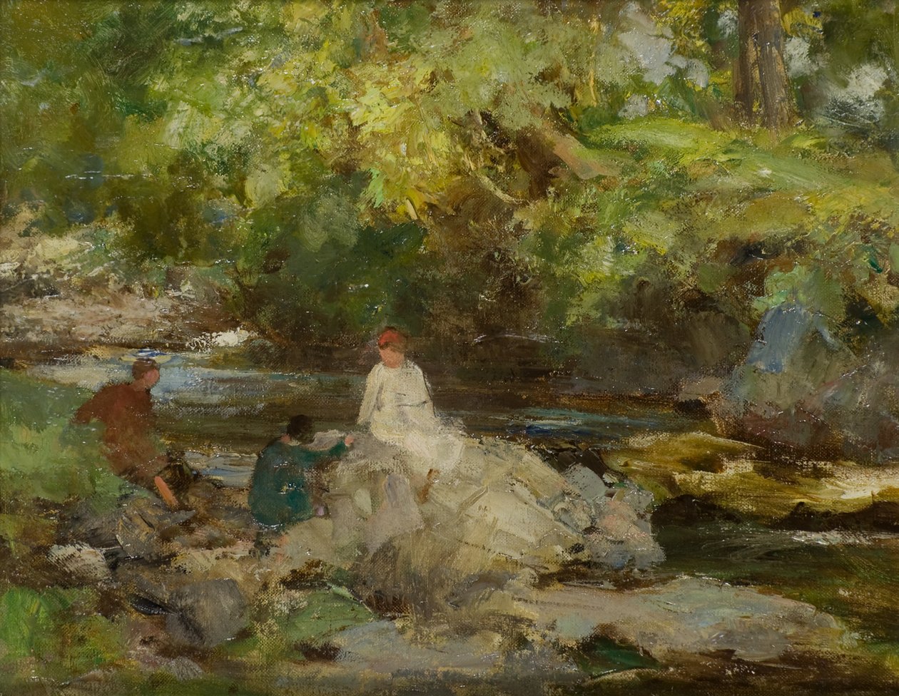 Tre figurer ved en elv (olje på lerret) av William Stewart MacGeorge