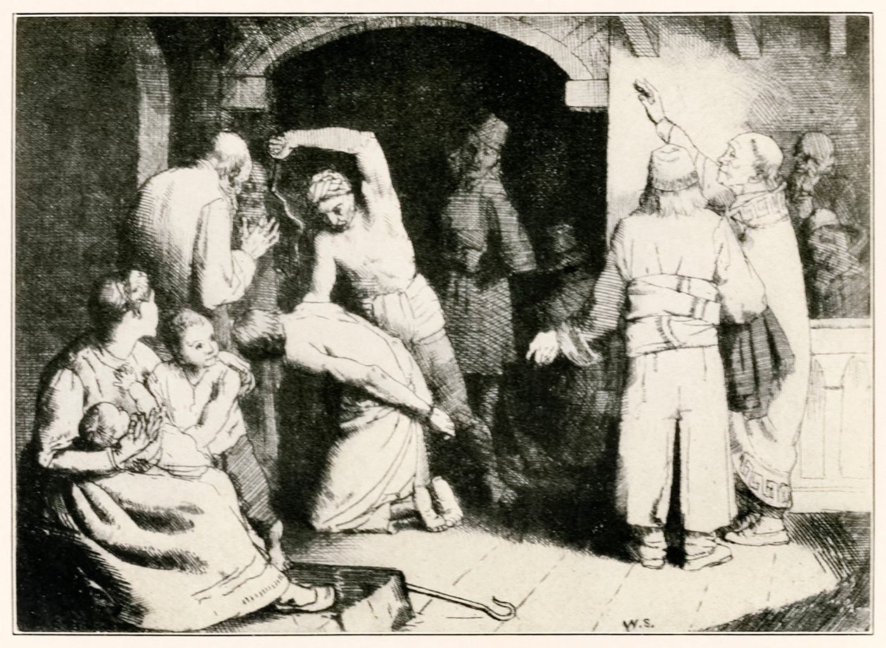 The Scourging of Faithful from the Pilgrims Progress From This World, To That Who Is To Come av John Bunyan (1628-1688) illustrasjon av William Strang (1859-1921) Faithful blir torturert etter sin tria av William Strang