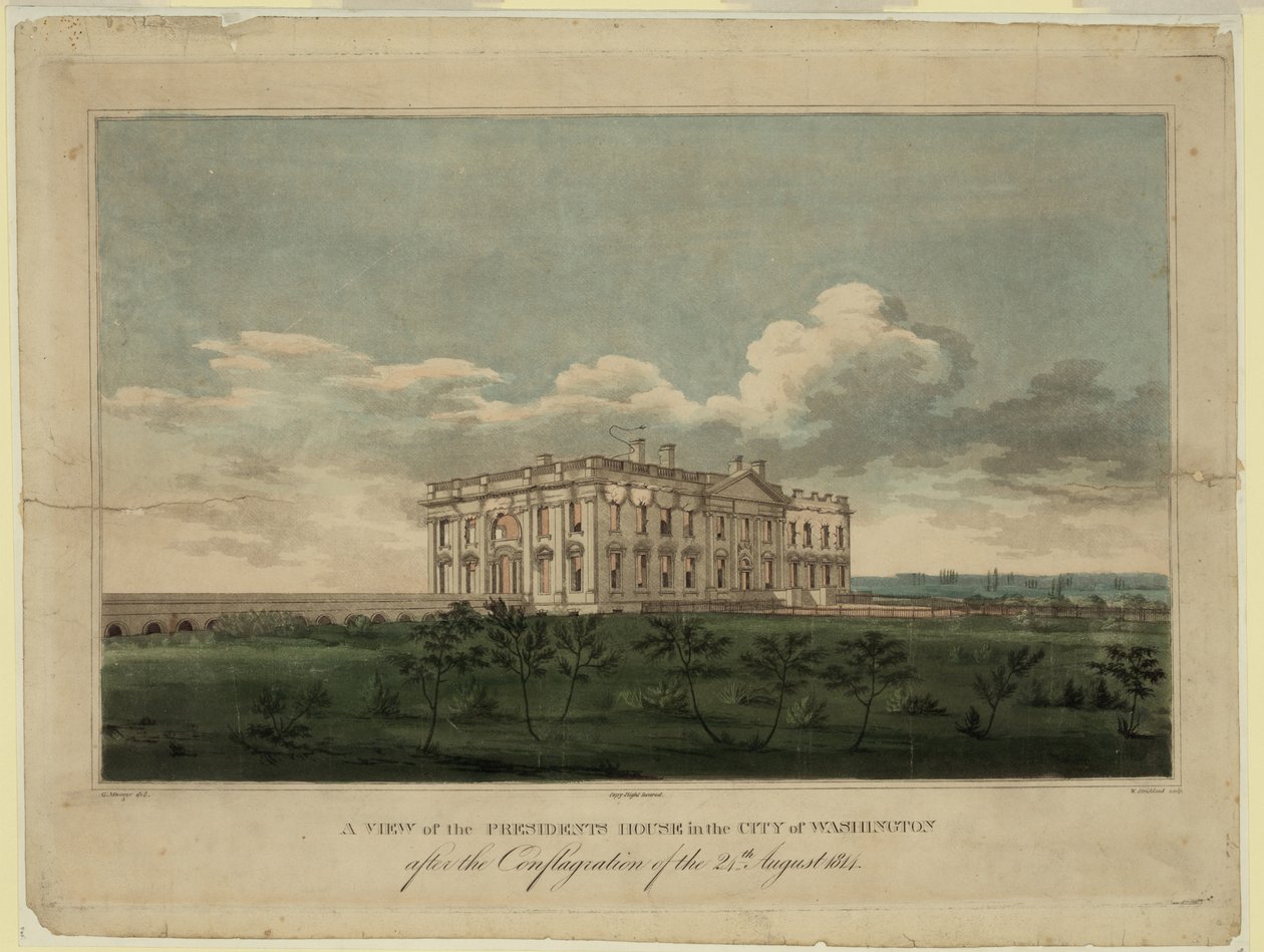 Utsikt over Det hvite hus i byen Washington etter brannen den 24. august 1814, 1. av William Strickland
