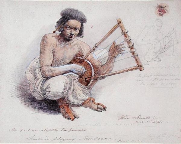 Nubian Playing Tambourine, 8. juli 1878 (blyant og vask på papir) av William Strutt