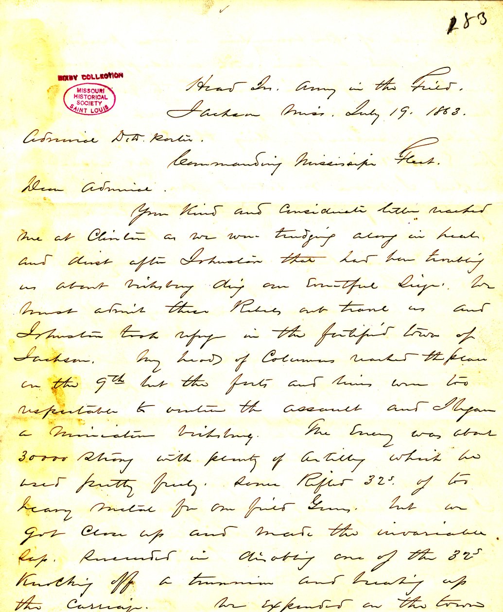 Brev fra W. T. Sherman, hovedkvarter, Army in the Field, Jackson, Mississippi, til [David D.] Porter, 19. juli 1863 av William T. Sherman