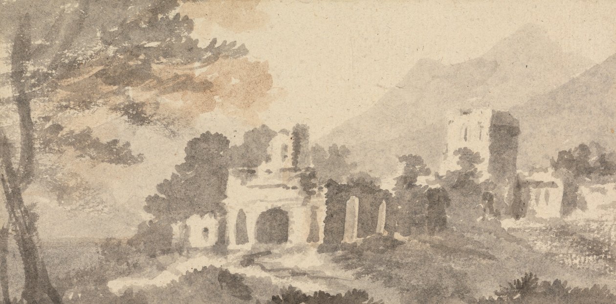 Italiensk landskap med ødelagt slott av William Taverner