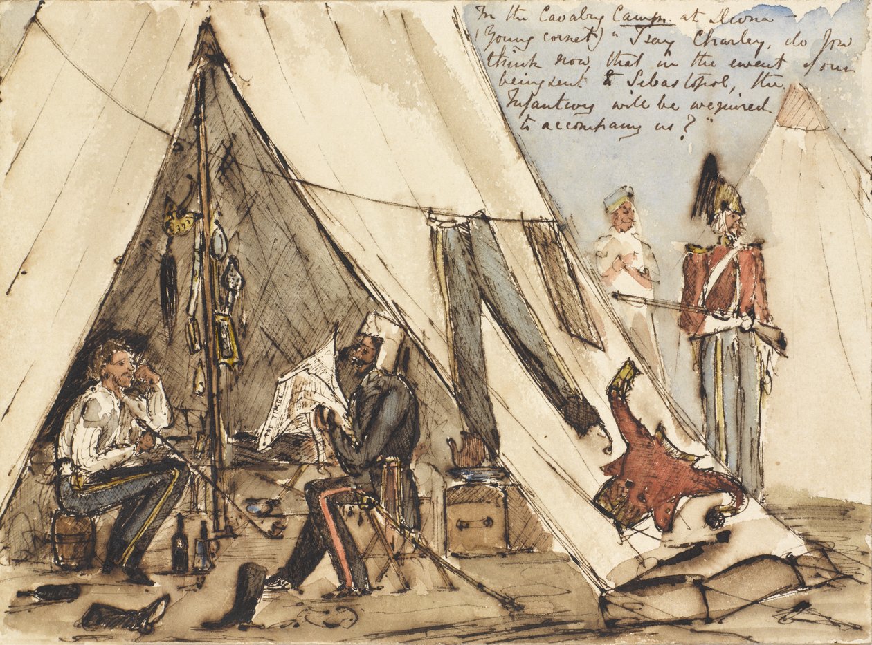 I kavalerileiren ved Devna (ung kornett) ?Jeg sier Charley, tror du nå at i tilfelle vi blir sendt til Sebastopol, vil infanteriet bli pålagt å følge oss?, ca. 1854 (penn og blekk og wc) av William Thomas Markham