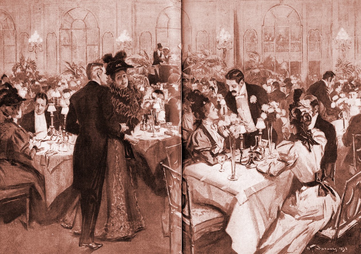 Members of high society at the Waldorf Hotel av William Thomas Smedley