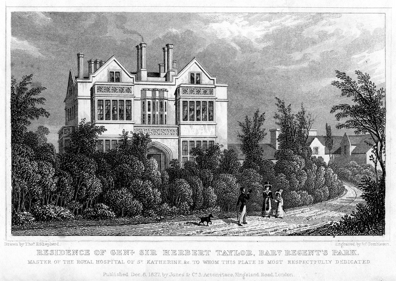 Residence til general Sir Herbert Taylor, Baronet, Regents Park, London, 1827. av William Tombleson