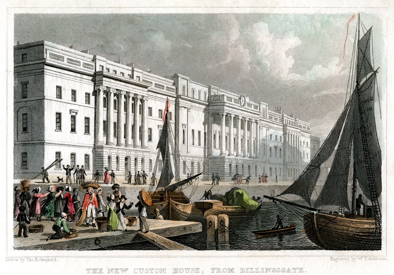 Det nye Custom House, fra Billingsgate, City of London, c1830. av William Tombleson