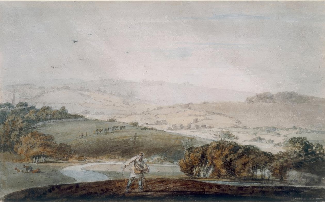 En bonde som sår, en elvedal og bølgende åser bortenfor av Joseph Mallord William Turner