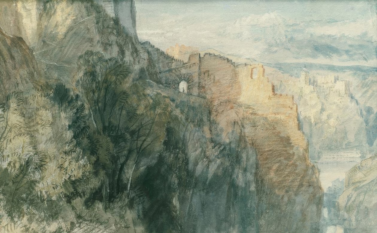 Katz slott med utsikt over Rheinfels slott av Joseph Mallord William Turner