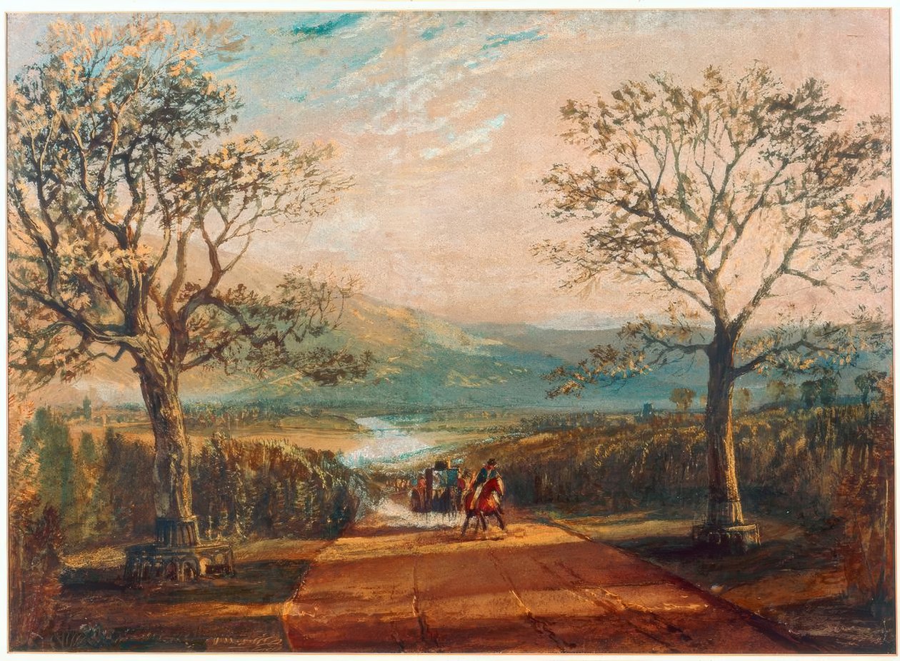 Trener på vei gjennom dalen, myrer bak av Joseph Mallord William Turner