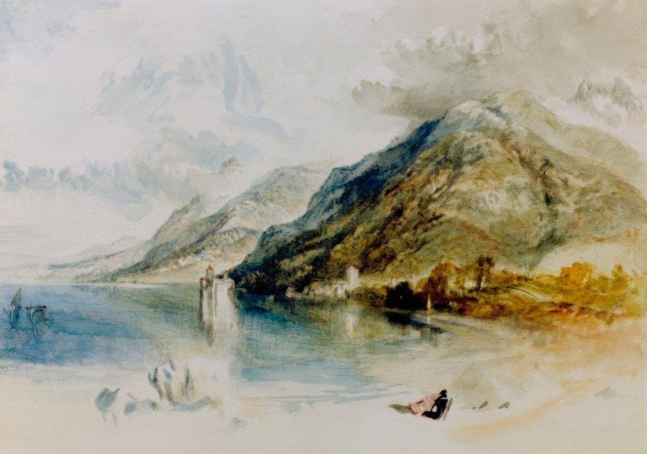Chillon-slottet ved Genfersjøen, sett fra Villeneuve av Joseph Mallord William Turner