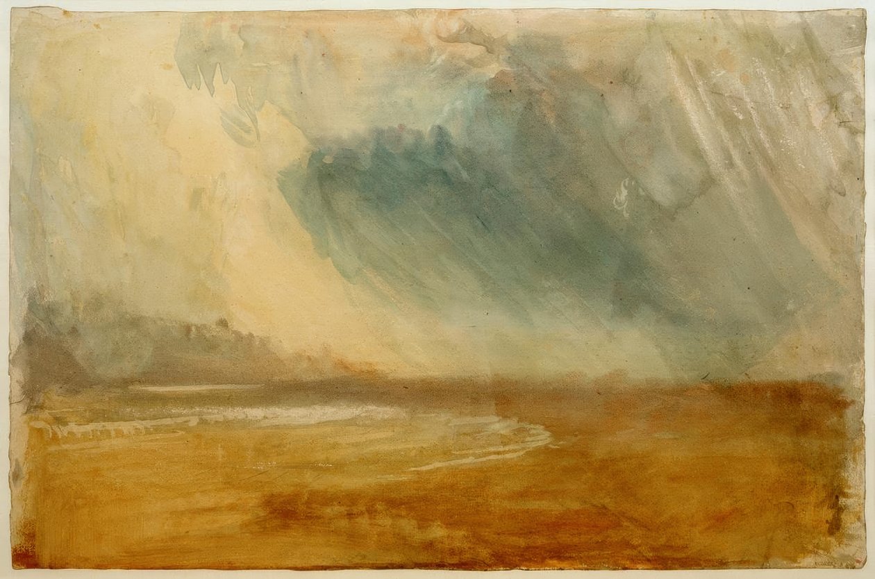 Regnskyer som sveiper over en strand: muligens nær Dunstanburgh Castle av Joseph Mallord William Turner