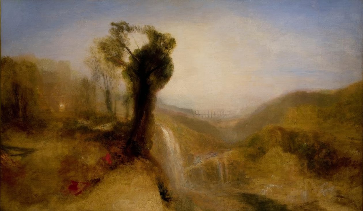 Sørlandskap med en akvedukt og foss av Joseph Mallord William Turner