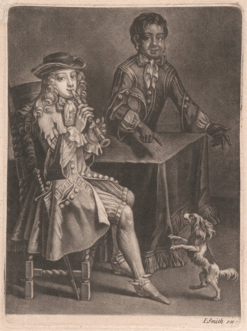 To unge menn, den ene spiller blokkfløyte, den andre peker på en dansende hund av William Vincent