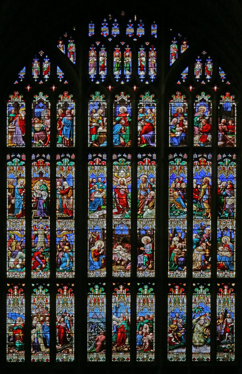 Fødselen og dåpstemaet, 1859 (farget glass) av William Wailes