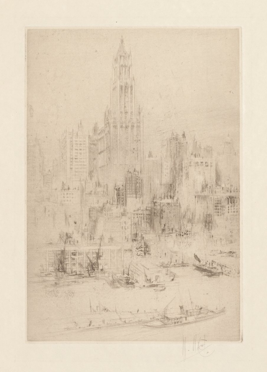 Downtown Manhattan fra East River, med Woolworth Building av William Walcot