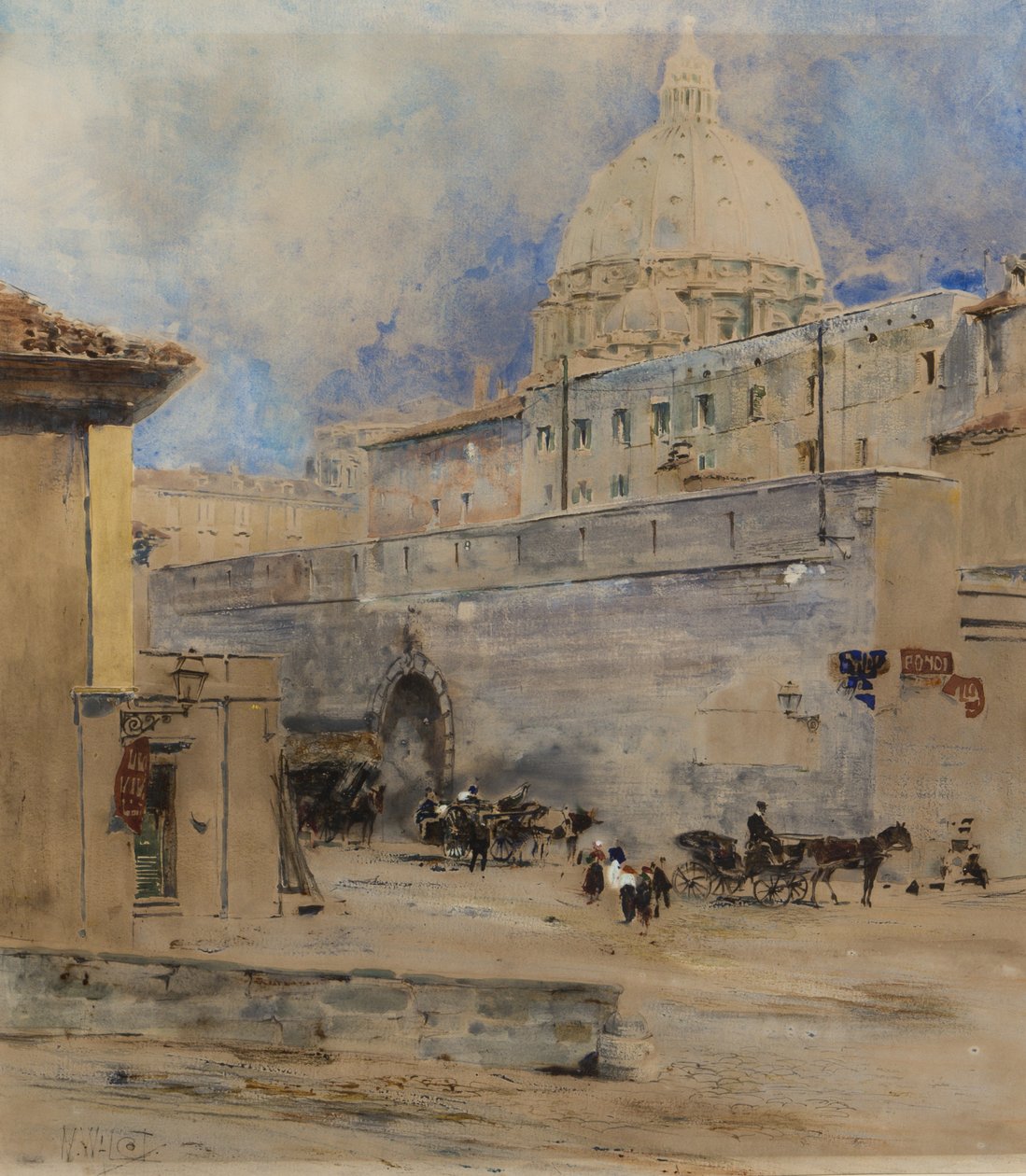 Vatikanet: Det hellige kontor og Dome of St Peters, Roma (penn, pensel, wc, blekk og gouache på papir) av William Walcot