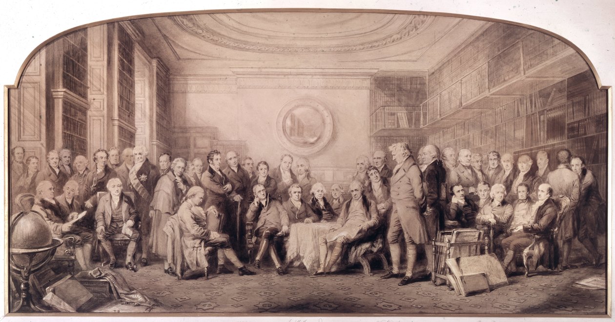 Vitenskapens eminente menn i 1807-1808. Møte i biblioteket til Royal Institute of Sciences, England. Gravering av William Walker og Sir John Gilbert (1817 - 1897) - Eminent Men of Science Living in 1807 - Eminent Men of Science av William Walker