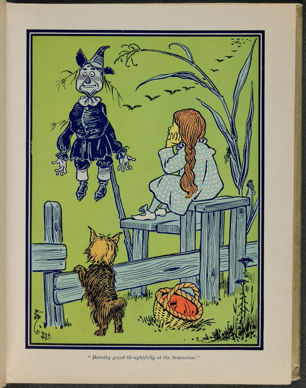 «Dorothy ser tankefullt på fugleskremselet», illustrasjon fra «Den fantastiske trollmannen fra Oz» av Lyman Frank Baum av William Wallace Denslow