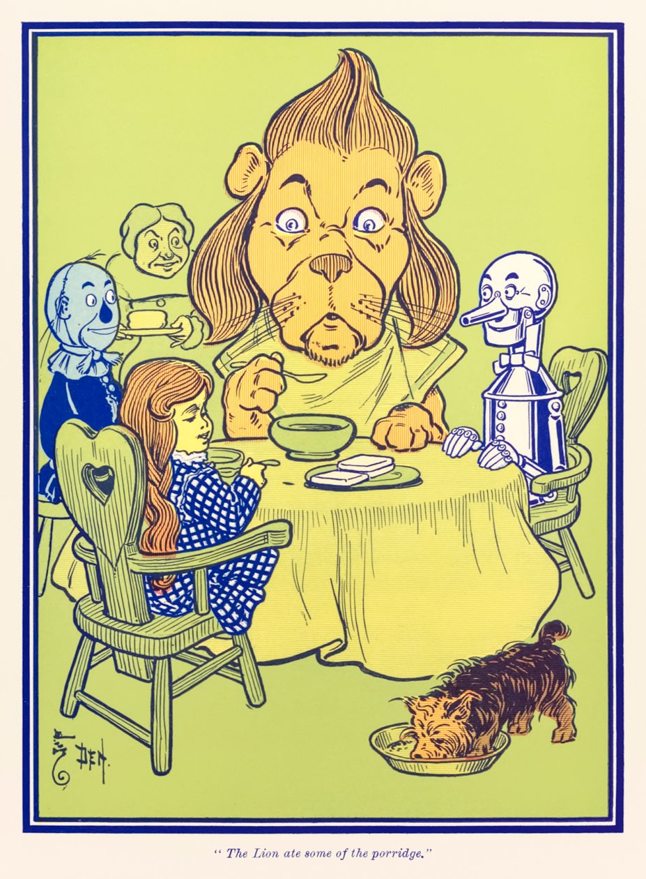Løven spiste litt av grøten. fra The Wonderful Wizard of Oz av L. Frank Baum av William Wallace Denslow