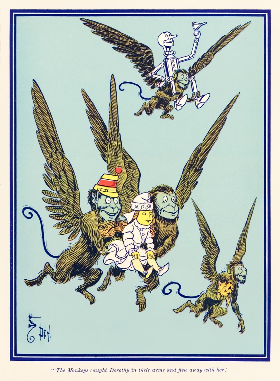 Monkeys fanget Dorothy i armene deres og fløy bort med henne. fra The Wonderful Wizard of Oz av L. Frank Baum av William Wallace Denslow