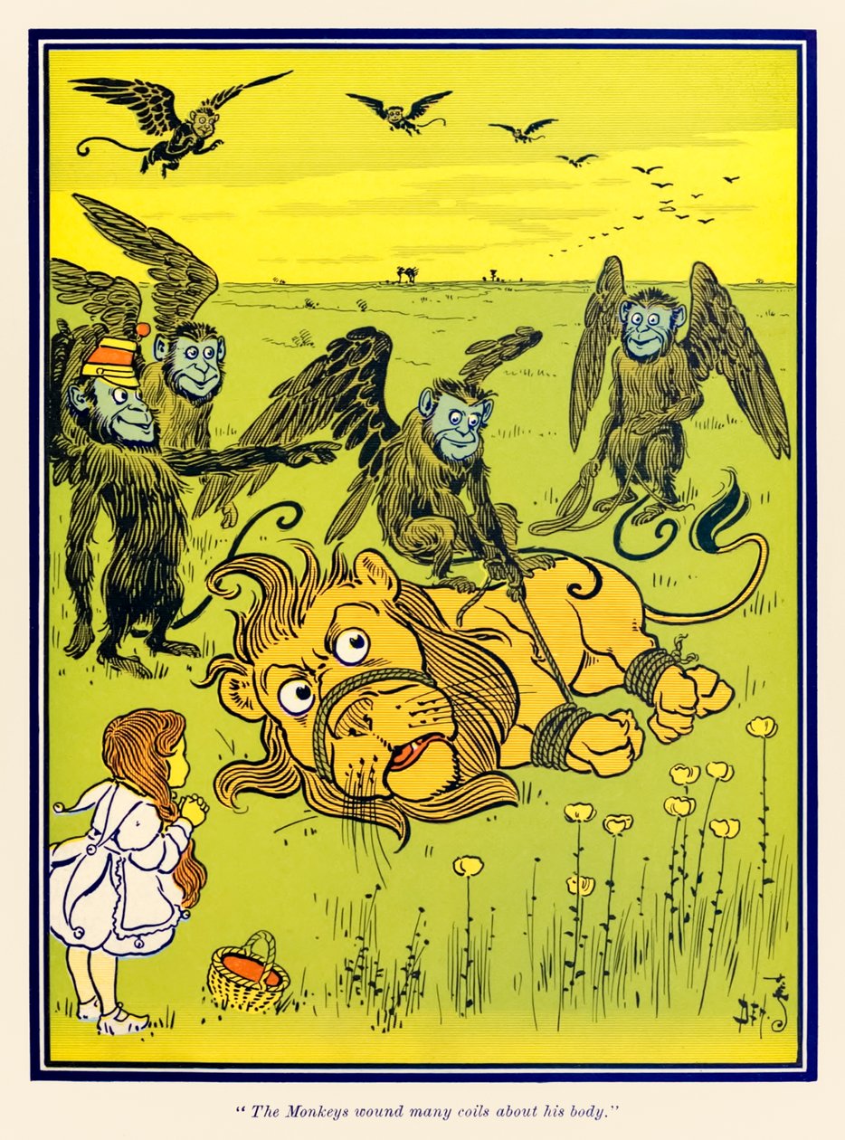 Monkeys viklet mange spoler rundt kroppen hans. fra The Wonderful Wizard of Oz av L. Frank Baum av William Wallace Denslow