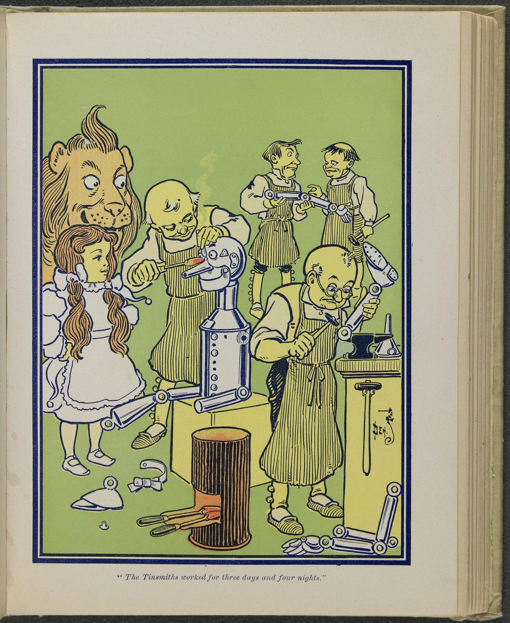 «Blikksmeden jobbet i tre dager og fire netter», illustrasjon fra «Den fantastiske trollmannen fra Oz» av Lyman Frank Baum av William Wallace Denslow