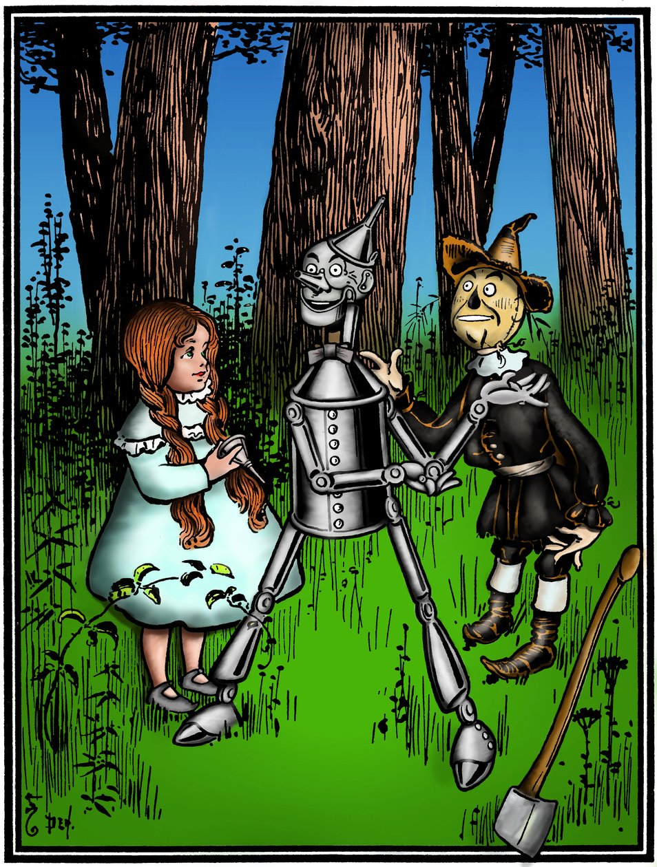 The Wizard of Oz: tegning av Denslow, William Wallace (1856-1919) for den første utgaven i 1900 av Frank Baums bok (1856-1919) - Dorothee (Dorothy) assistert av fugleskremselet, hjalp blikktømmeren - av William Wallace Denslow